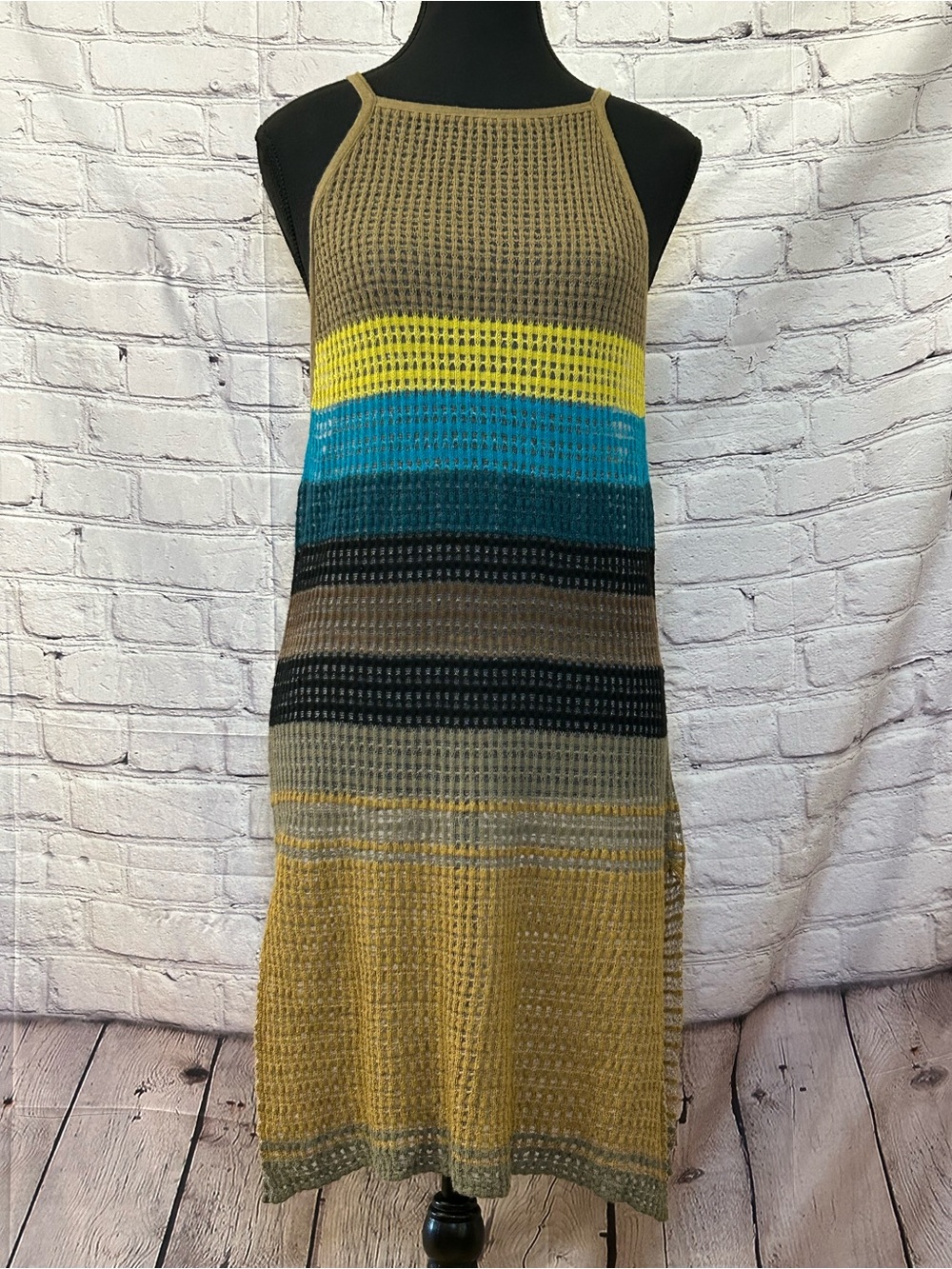 Free People Striped Knit Halter Maxi Dress in Mustard, Teal & Gray